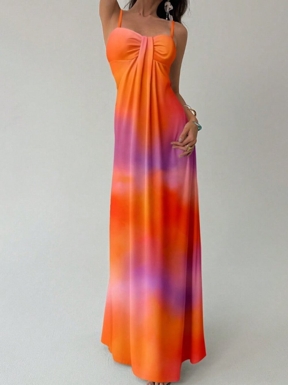 Orange Boho Women's Elegant Tie-Dye Print Slip Dress - Picture 8 of 9